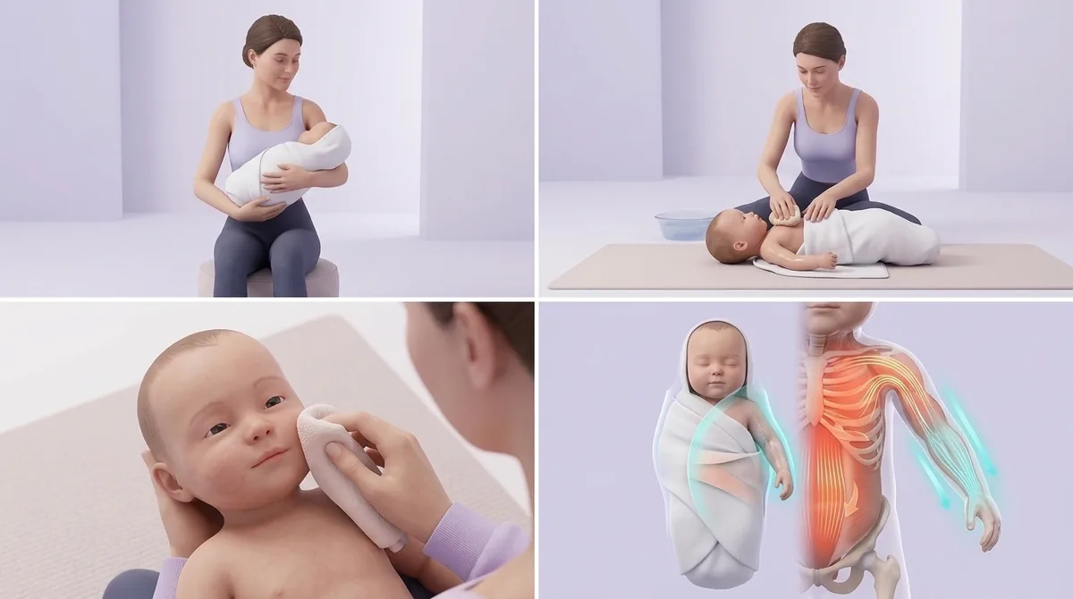 Toilette d’un nouveau-né à l’éponge sur un plan à langer, une main du parent maintenant doucement bébé