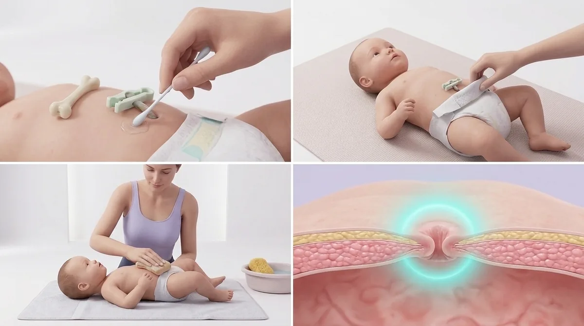 Grille des soins du cordon ombilical : nettoyage doux, séchage en tamponnant, couche pliée sous le cordon, cordon propre et sec