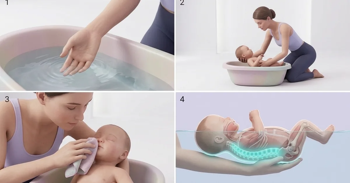 Grille du bain de bébé : main testant la température de l’eau, maman baignant bébé en soutenant sa tête, débarbouillage doux, schéma du bon soutien tête-dos dans l’eau