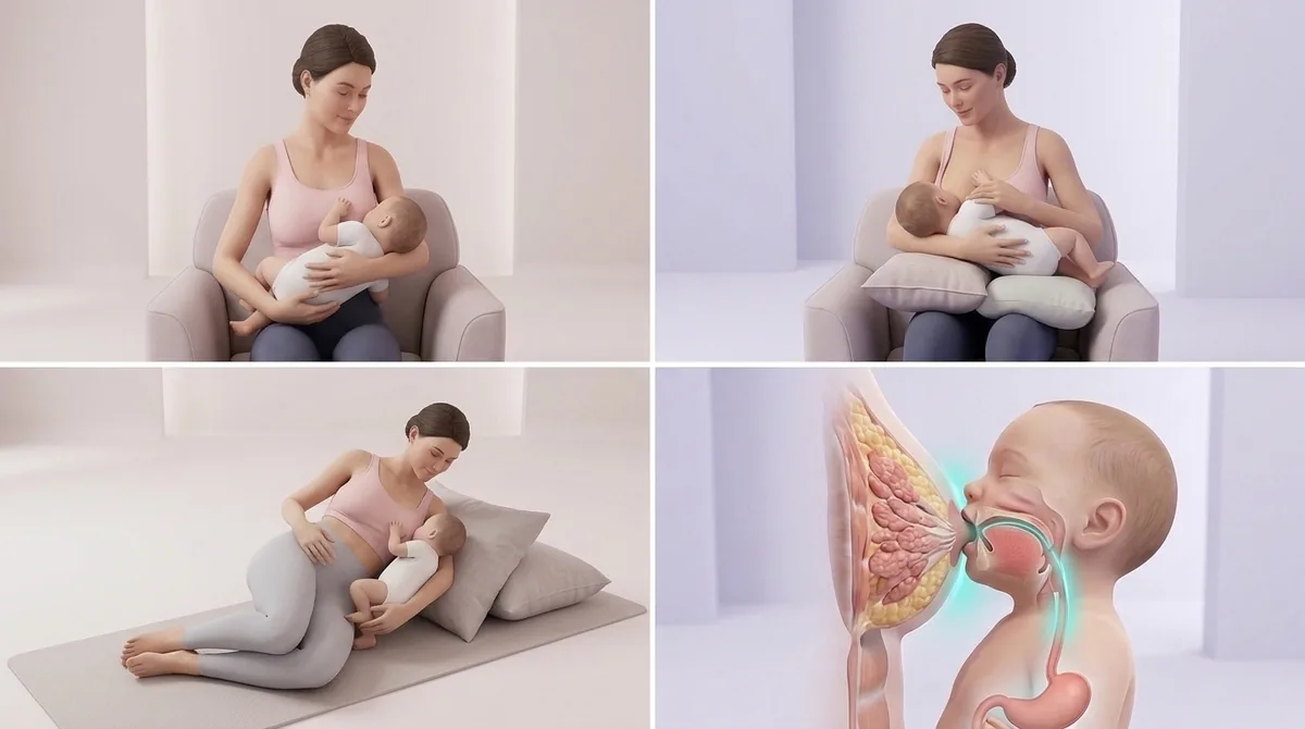 A composite panel showing the four breastfeeding positions: the cradle hold with a pillow, the rugby-ball hold underarm, lying on your side, and the laid-back position