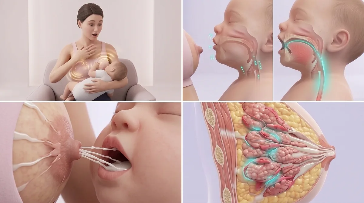 A sequence of panels explaining the let-down reflex: the start of sucking, the glands being stimulated, the milk flowing, then the rhythm of regular swallowing