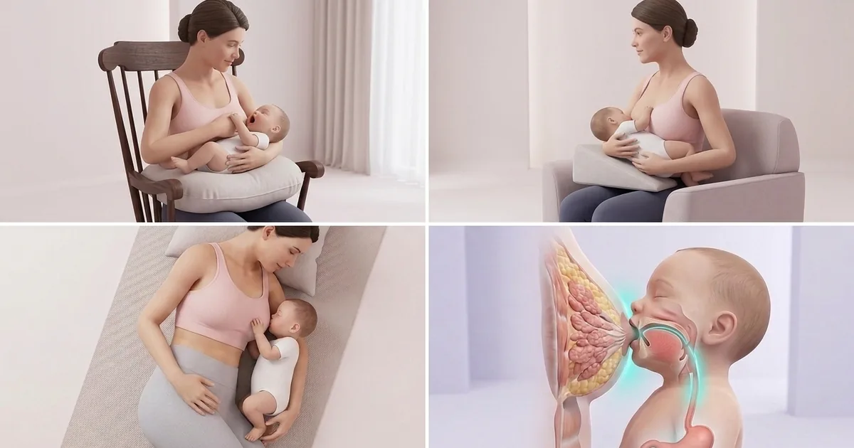 A grid of 4 breastfeeding scenes: a rocking chair with a nursing pillow, a laid-back seated position, side-lying feeding, and an anatomical illustration of a good latch at the breast