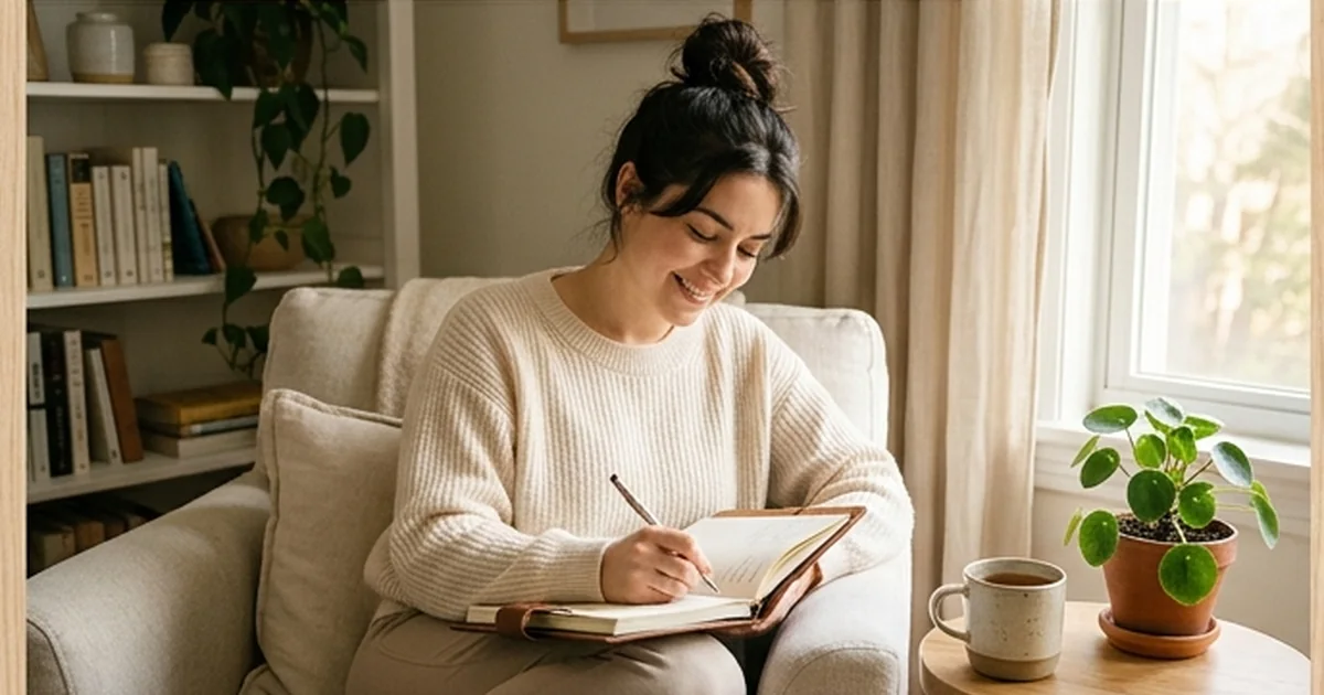 Une mère assise dans un intérieur calme, le regard pensif, prenant un moment pour elle