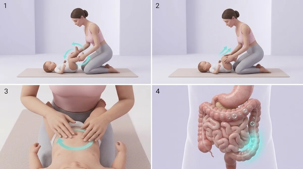 Quatre étapes numérotées : pédalage des jambes, genoux repliés vers le ventre, cercles de massage dans le sens horaire, schéma du trajet intestinal avec bulles de gaz