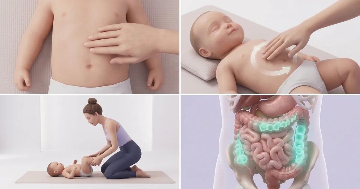 Massage du ventre de bébé : main du parent effectuant des cercles doux dans le sens des aiguilles d’une montre
