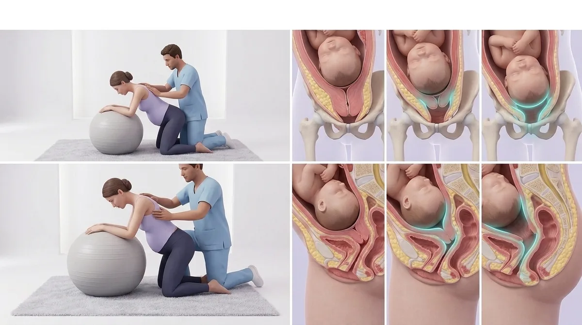 Illustration du travail et de la naissance : contractions régulières, col qui s’ouvre et bébé qui descend dans le bassin