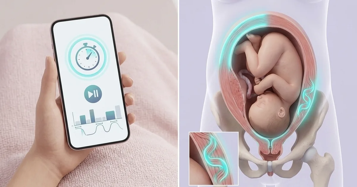 Main tenant un téléphone avec un chronomètre de contractions, à côté d’une coupe anatomique de l’utérus en fin de grossesse