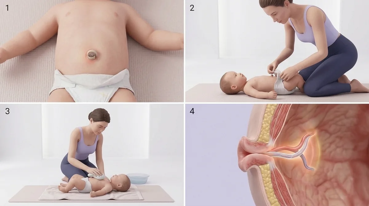 Storyboard of umbilical cord care: cleaning the base with water on a compress, patting it dry, and folding the nappy down below the stump to keep it exposed to air