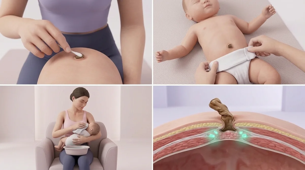 Close-up illustration of gently cleaning the base of the umbilical stump with a water-dampened compress, alongside a small diagram of the stump’s position at the navel