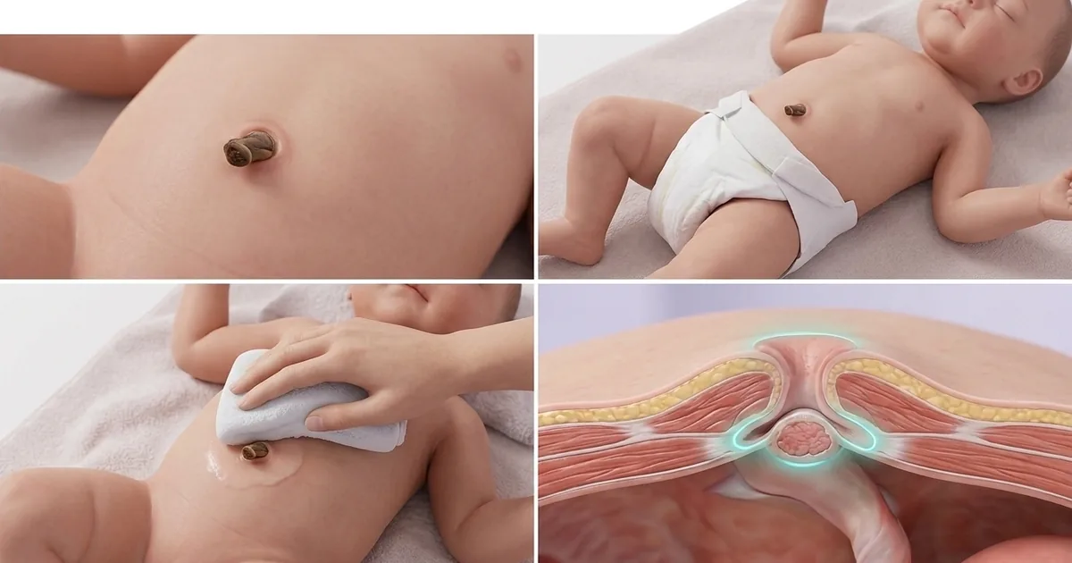 Illustration of a newborn’s umbilical stump kept dry, with the top of the nappy folded down below it to let air reach it