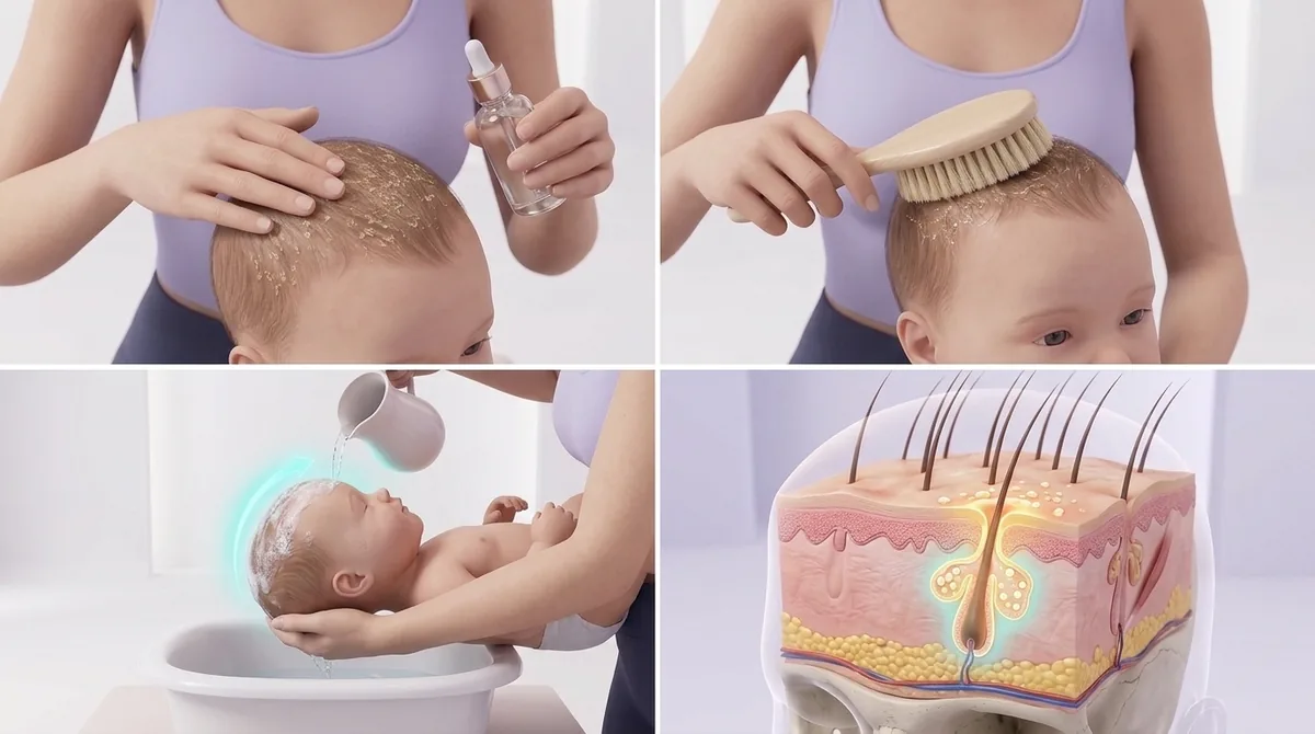A small bottle of plant-based oil beside a soft-bristled baby brush, the two everyday tools for easing cradle cap