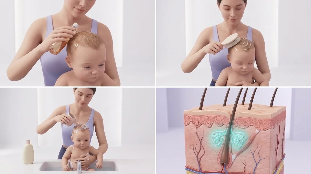 Illustration of gently brushing and then washing a baby’s hair to lift softened scales, with a small cross-section of the scalp showing the greasy flakes on the surface