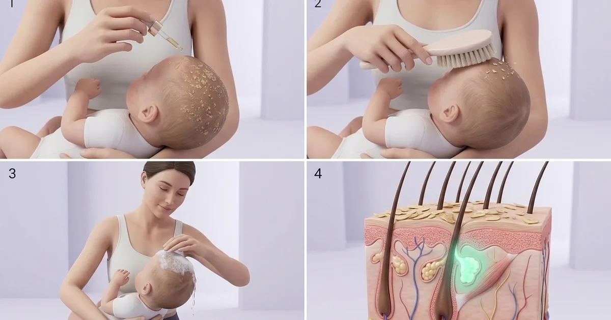 Illustration of a parent gently massaging a little plant-based oil into a baby’s scalp to soften cradle cap