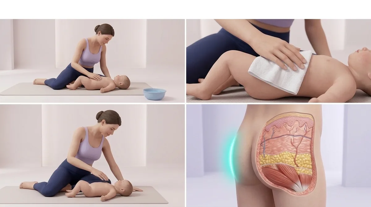 Illustration des gestes qui préviennent l’érythème : des changes rapides, un séchage doux, une fine couche de crème protectrice et une couche bien ajustée