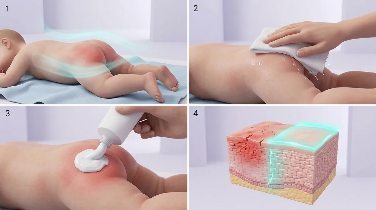 Illustration des soins d’une peau irritée dans la zone du change : un nettoyage doux, un temps à l’air et une couche protectrice de crème