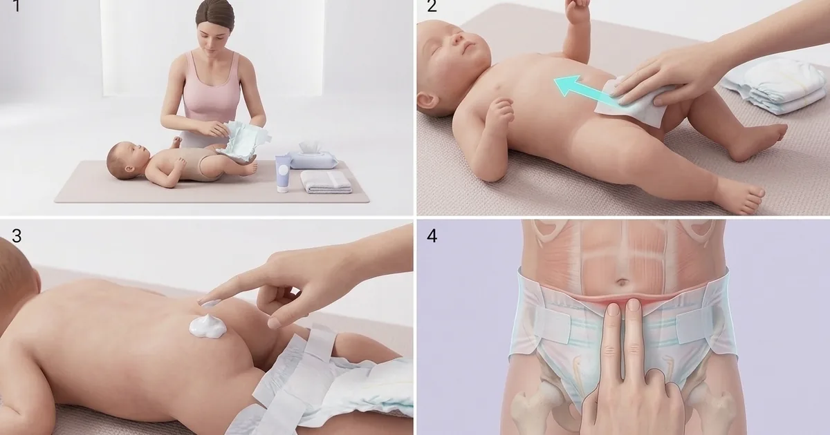Quatre panneaux : une maman qui change son bébé sur un tapis au sol avec le nécessaire à portée de main, un nettoyage doux au coton, l’application d’une crème protectrice, et le test à deux doigts de l’ajustement de la couche à la taille