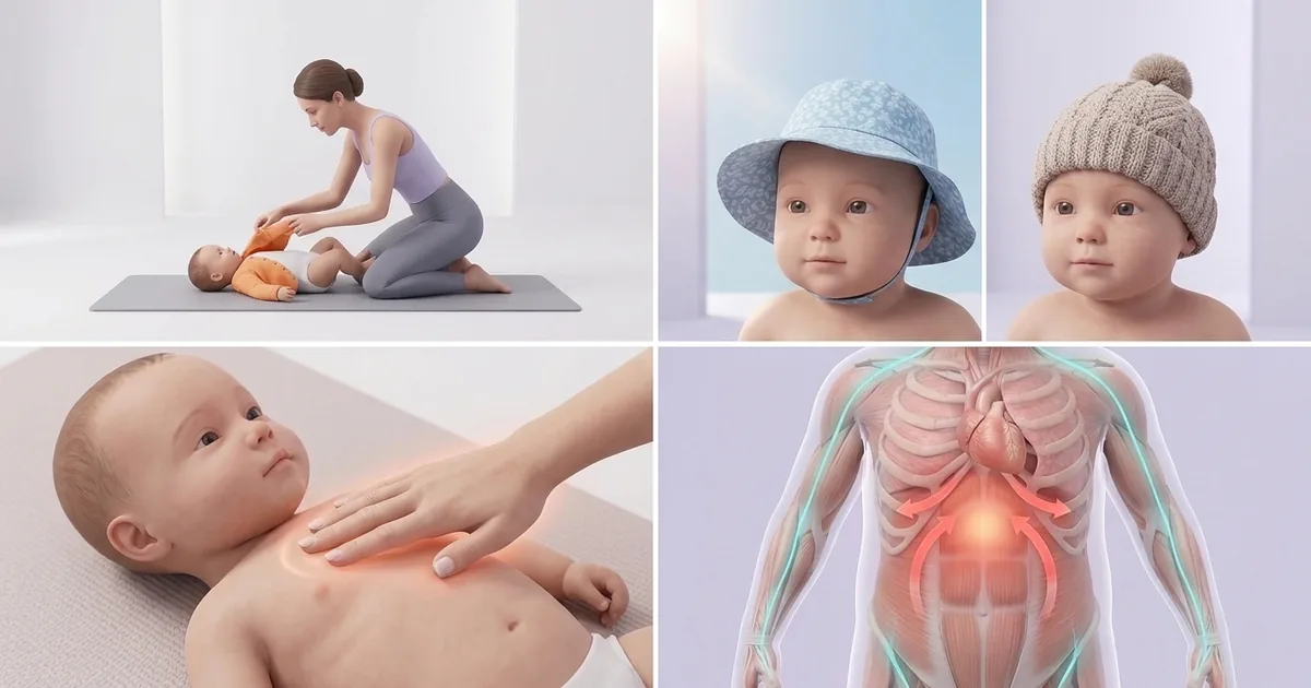 Maman habillant son bébé, chapeau d’été à bord large et bonnet d’hiver en laine