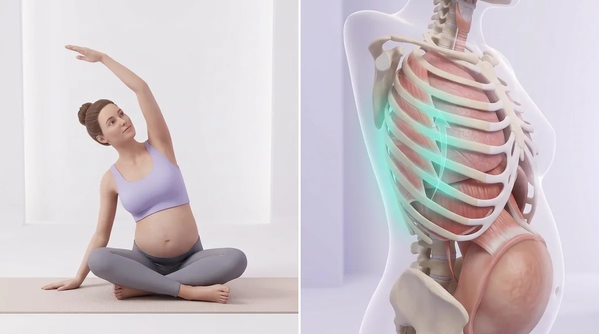 Femme enceinte réalisant un étirement latéral, accompagné d’une coupe anatomique montrant les muscles du dos étirés