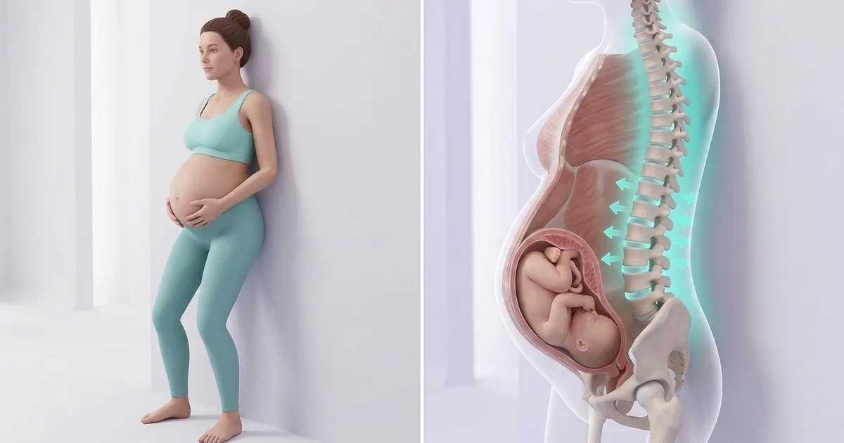 Femme enceinte réalisant un étirement doux du dos, mains appuyées contre un mur