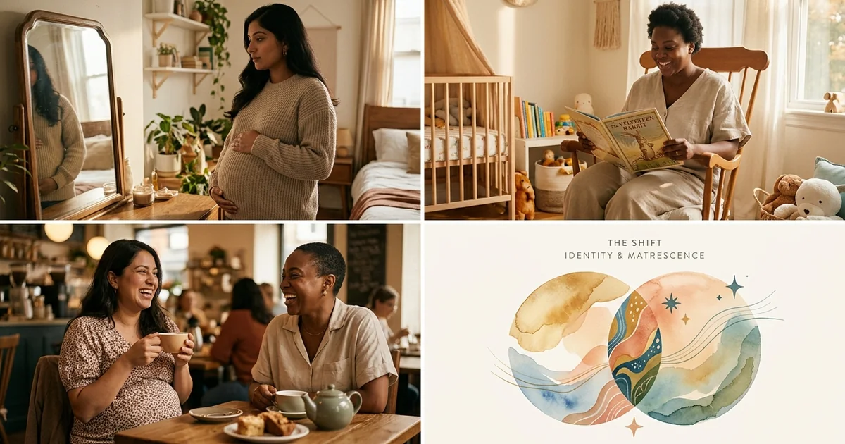 A new mother holding her baby close, looking thoughtful in a quiet, softly lit room