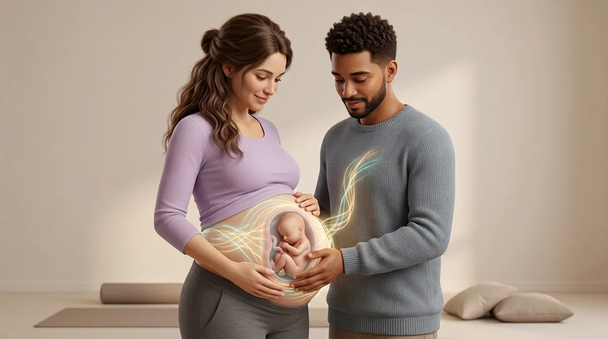 Partenaire posant la main sur le ventre d’une femme enceinte pour sentir les mouvements du bébé