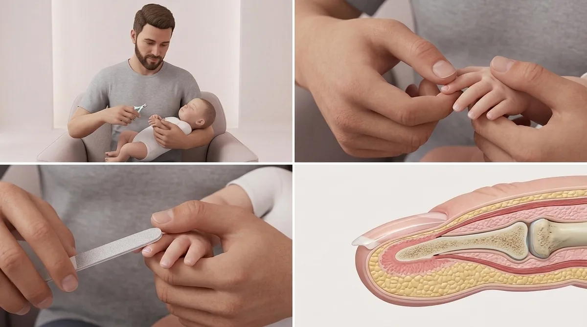 Parent smoothing a baby’s fingernail with a soft emery board, holding the fingertip steady