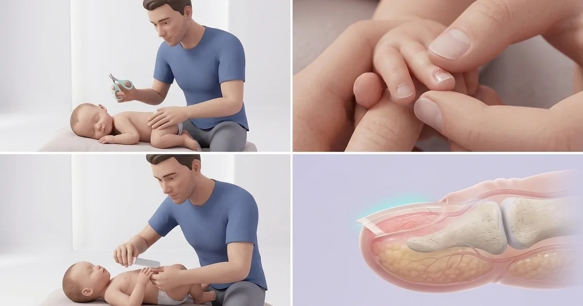 Illustration of a parent gently filing a sleeping baby’s nails in good light, holding the fingertip and pressing the pad away from the nail
