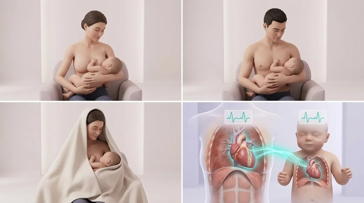Grille des positions de peau à peau : bébé vertical contre la poitrine, tête tournée sur le côté, visage dégagé, couverture posée sur le dos