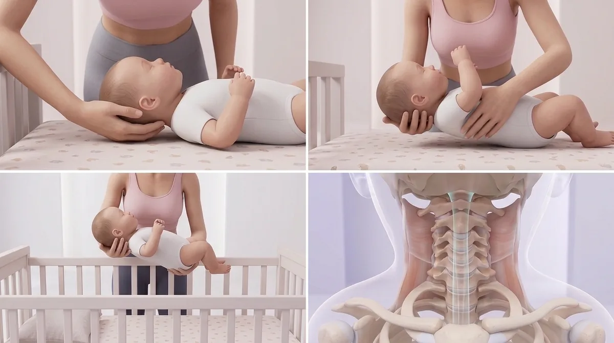 Detalle de una mano sosteniendo la nuca y la cabeza del bebé mientras la otra apoya la espalda y las nalgas