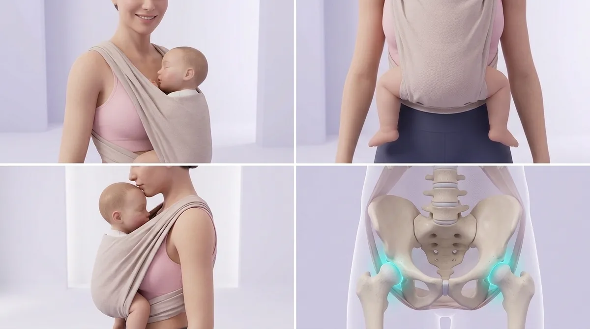 Bebé porteado en un fular en posición fisiológica: cara visible y alta, mentón despegado del pecho, rodillas más altas que las nalgas en forma de M