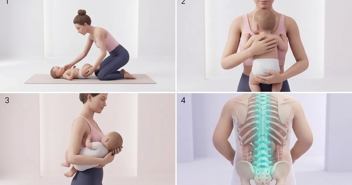 Secuencia de cómo coger y sostener a un recién nacido: una mano bajo la cabeza y el cuello, la otra bajo las nalgas, acercándolo al pecho