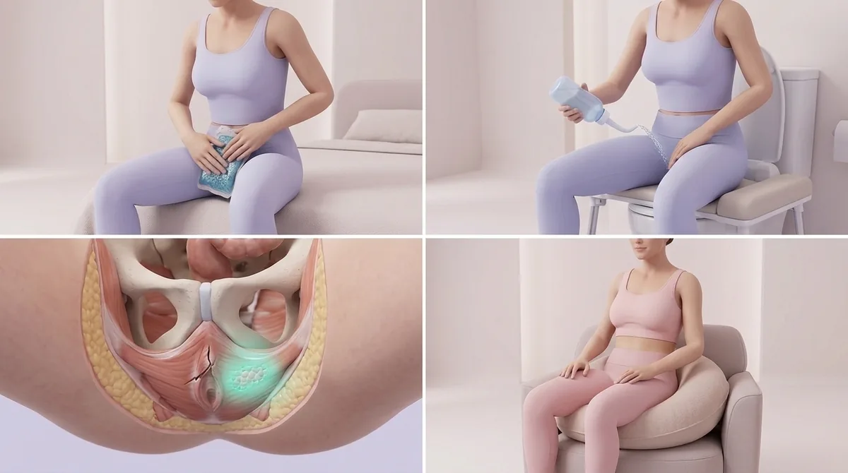 Planche illustrée des soins du périnée : toilette à l’eau, séchage en tamponnant, coussin pour s’asseoir