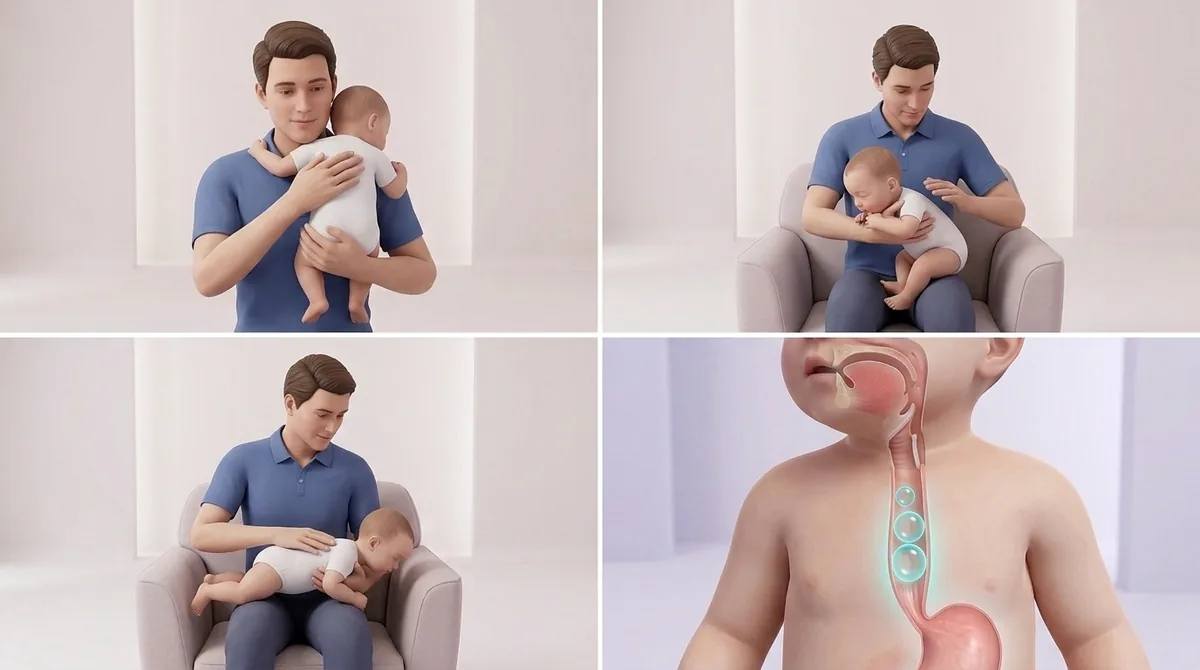 Trois techniques du rot illustrées : bébé contre l’épaule avec tapotement entre les omoplates, bébé assis penché en avant avec main en col, bébé à plat ventre sur les genoux