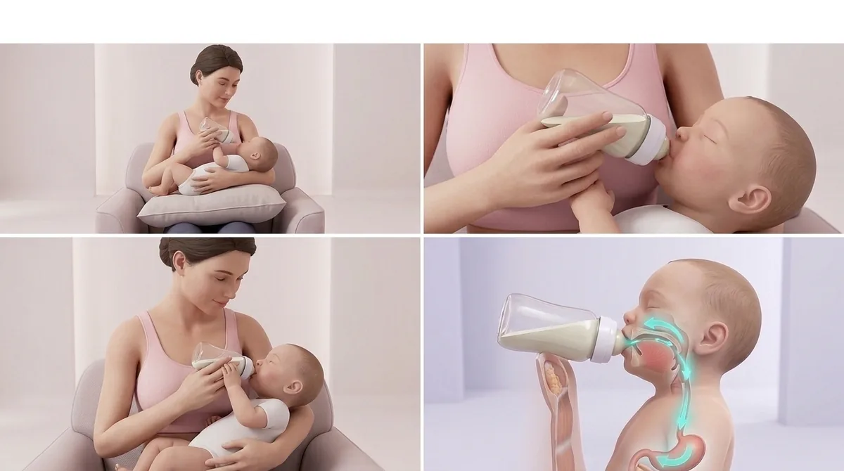 Parent donnant le biberon à bébé en position semi-redressée, biberon incliné pour que la tétine reste pleine de lait