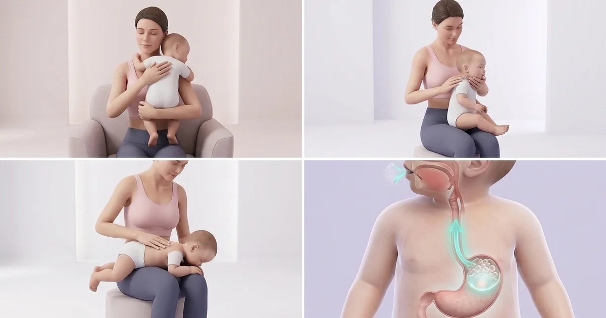 Grille des positions du rot : bébé contre l’épaule, assis sur les genoux, à plat ventre sur les cuisses, et schéma de la bulle d’air dans l’estomac