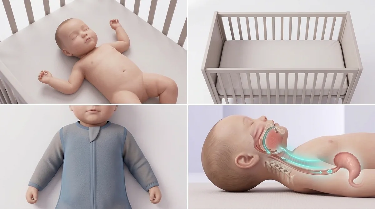 Quatre panneaux : bébé couché sur le dos, lit à barreaux vide avec matelas ferme, bébé en gigoteuse, schéma des voies respiratoires dégagées en position dorsale