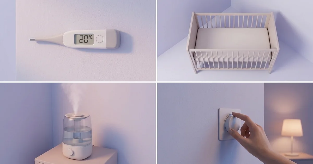 Chambre de bébé apaisante : thermomètre à 20 °C, lit à barreaux vide, humidificateur et lumière tamisée