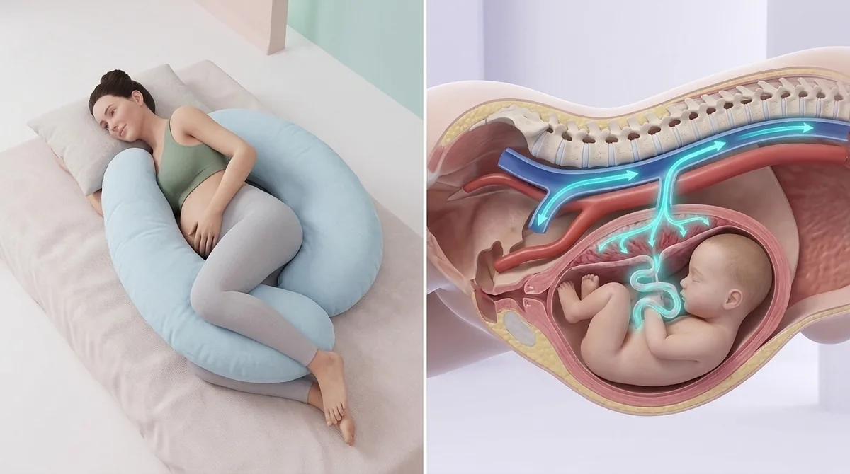 Femme enceinte allongée sur le côté, jambes légèrement pliées, un coussin entre les genoux