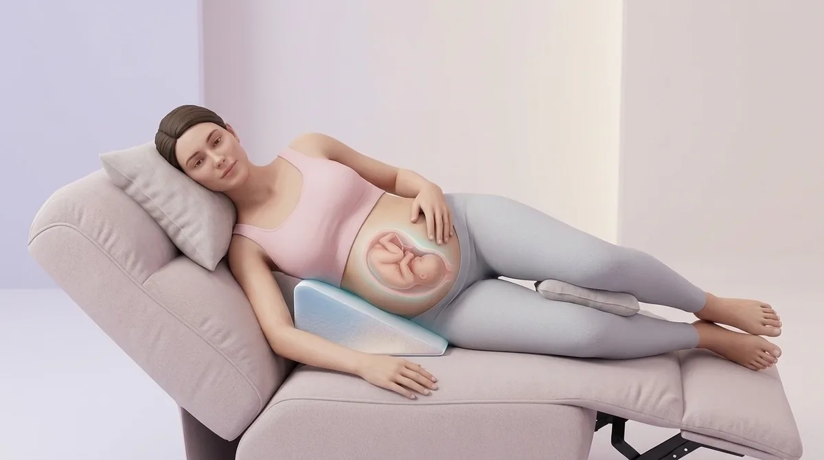 Femme enceinte semi-allongée, buste surélevé, calée par plusieurs coussins