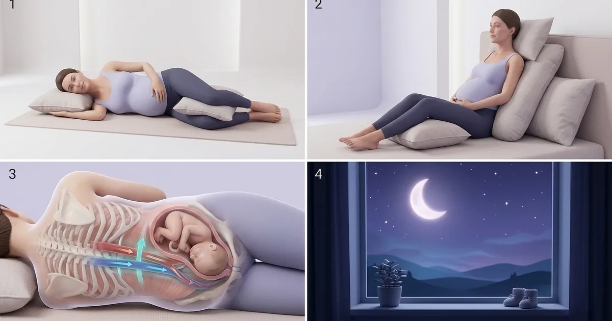 Quatre panneaux : femme enceinte dormant sur le côté avec un coussin entre les genoux, position semi-assise calée par des coussins, coupe anatomique montrant la circulation en position latérale, fenêtre de nuit