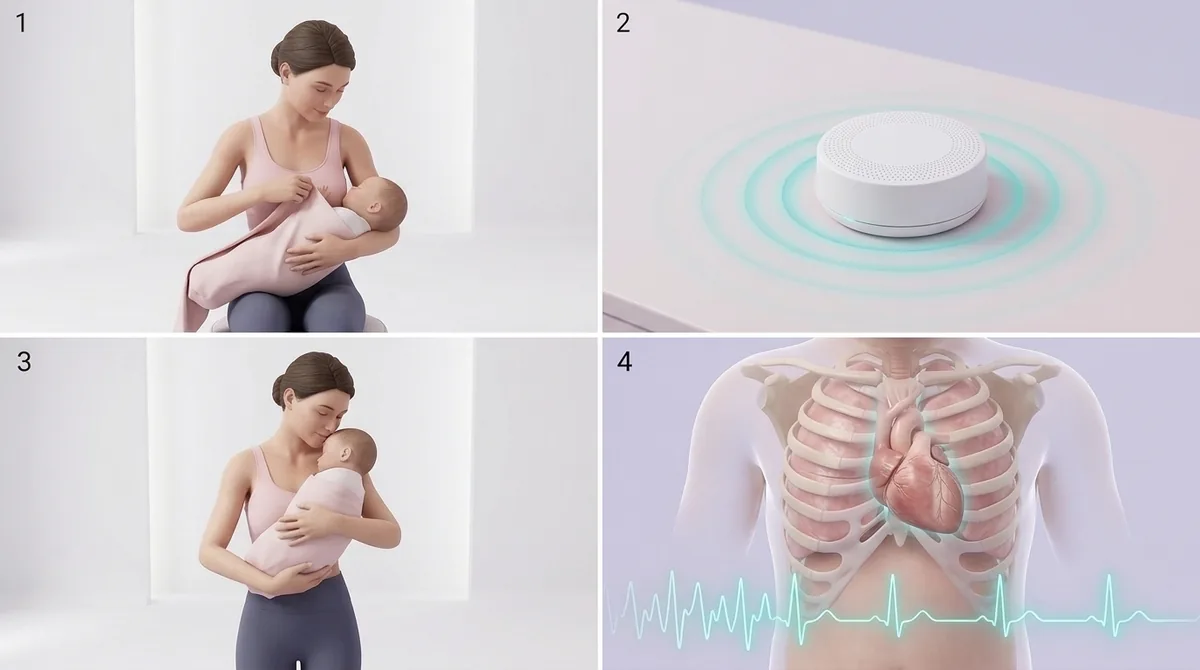 A sequence of panels explaining the steps to soothe a crying baby: checking needs, holding and cuddling, rocking, white noise, and changing the atmosphere