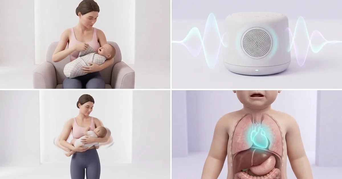 A grid of 4 scenes: a mother soothing her swaddled baby in her arms, a white-noise machine, rocking while standing, and an anatomical illustration of the heart and breathing calming down