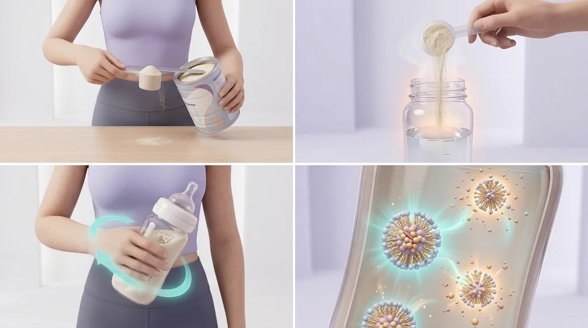 Préparation du lait en poudre : mesure arasée au-dessus du biberon, thermomètre indiquant environ 70 °C, test d’une goutte sur l’intérieur du poignet