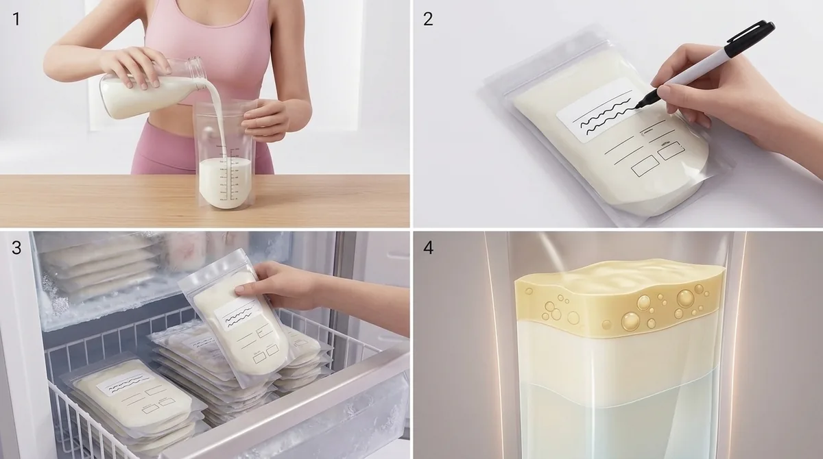 Small labelled containers and storage bags of expressed breast milk, each filled about three-quarters full