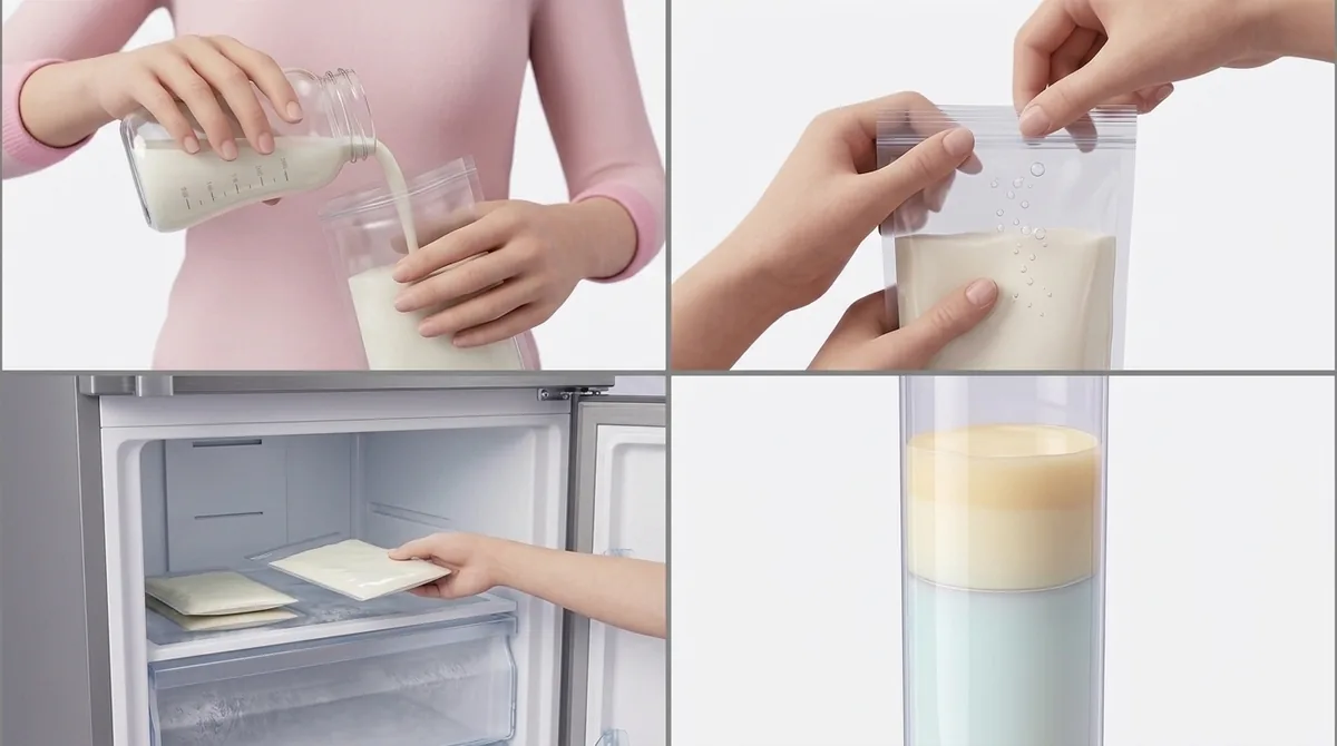A four-panel chart showing storage times for breast milk at room temperature, in the fridge, in the freezer, and once thawed
