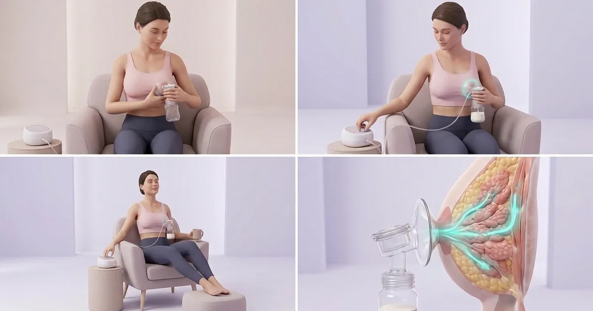 A mother sitting comfortably in an armchair expressing breast milk with a pump, a bottle collecting the milk