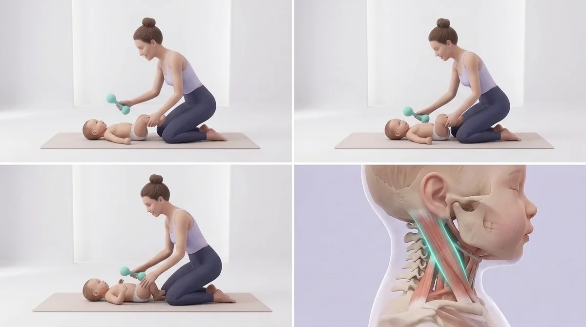 Illustration of a baby on their tummy lifting and turning the head from side to side, with arrows showing the neck movement