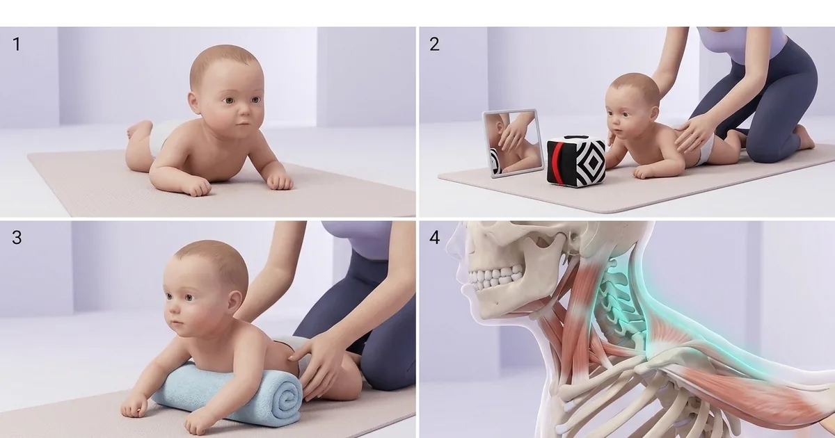 Four panels: baby doing tummy time on a play mat, parent showing a baby-safe mirror and a high-contrast cube, a rolled towel supporting baby’s chest, and an illustration of the neck and shoulder muscles