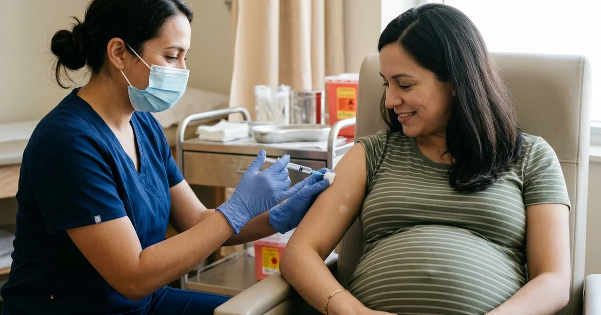 A pregnant woman talking with a healthcare professional in a bright clinic room