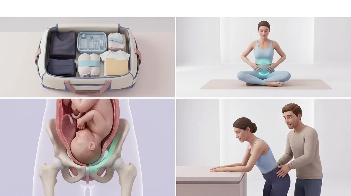 Sac de maternité prêt près de la porte d’entrée et future maman assise pratiquant ses exercices de respiration